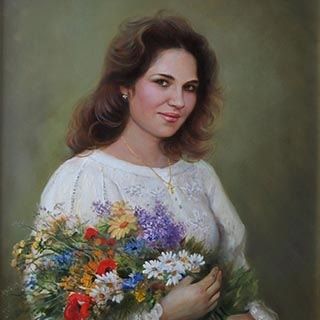 «Девушка с букетом цветов». Холст, масло, 100Х70 см., 2015 г.